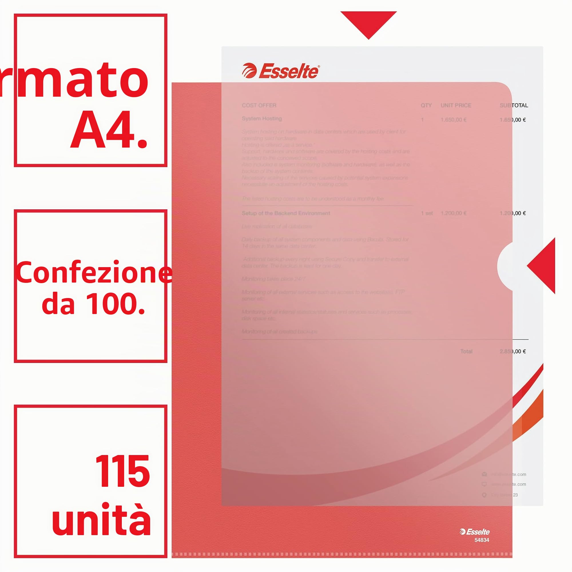 esselte-buste-l-deluxe-a4-in-ppl-antiriflesso-confezione-100-buste-rosse-traspar image 2