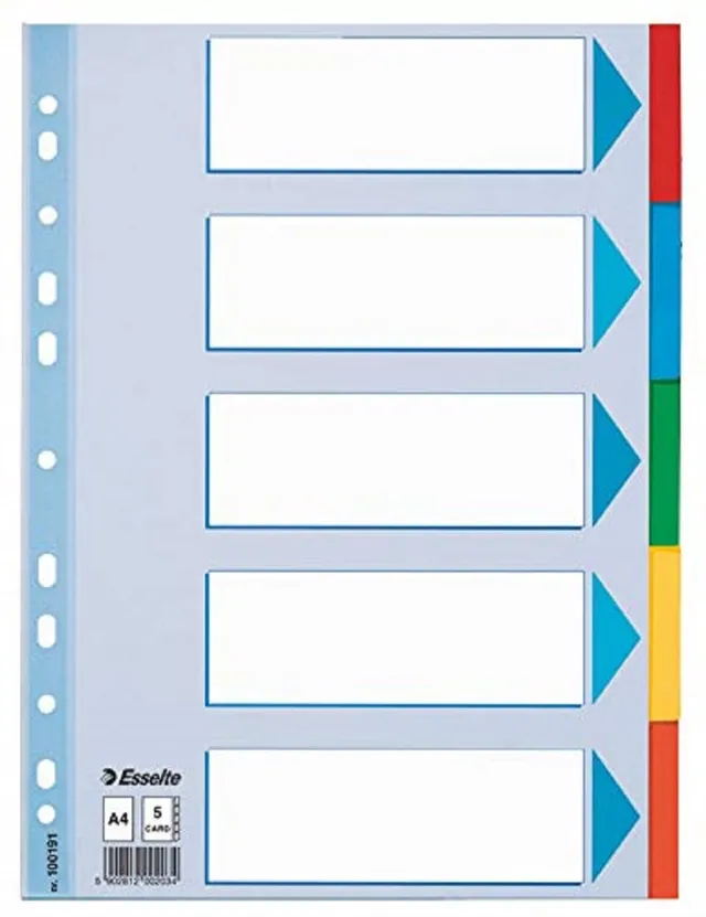 esselte-divisori-a4-5-tasti-colorati-cartoncino-riciclato-con-indice image 1