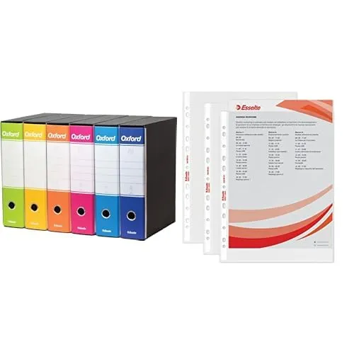 esselte-set-6-registratori-g85-oxford-color-mix-23x33-cm-100-buste-a4-antirifles image 1